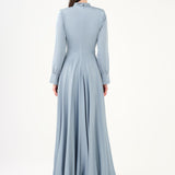 Drape Detailed Stand Collar Satin Long Evening Dress