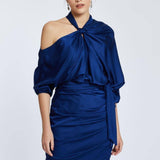 Draped Balloon Sleeve Short Evening Dress