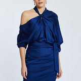 Draped Balloon Sleeve Short Evening Dress - 2200