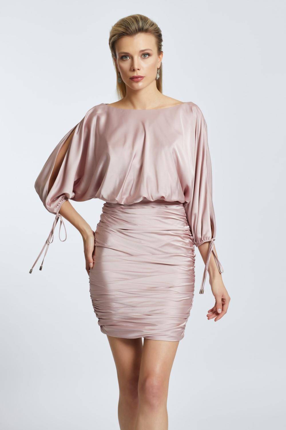 Draped Balloon Sleeve Short Evening Dress