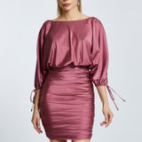 Draped Balloon Sleeve Short Evening Dress - 2200