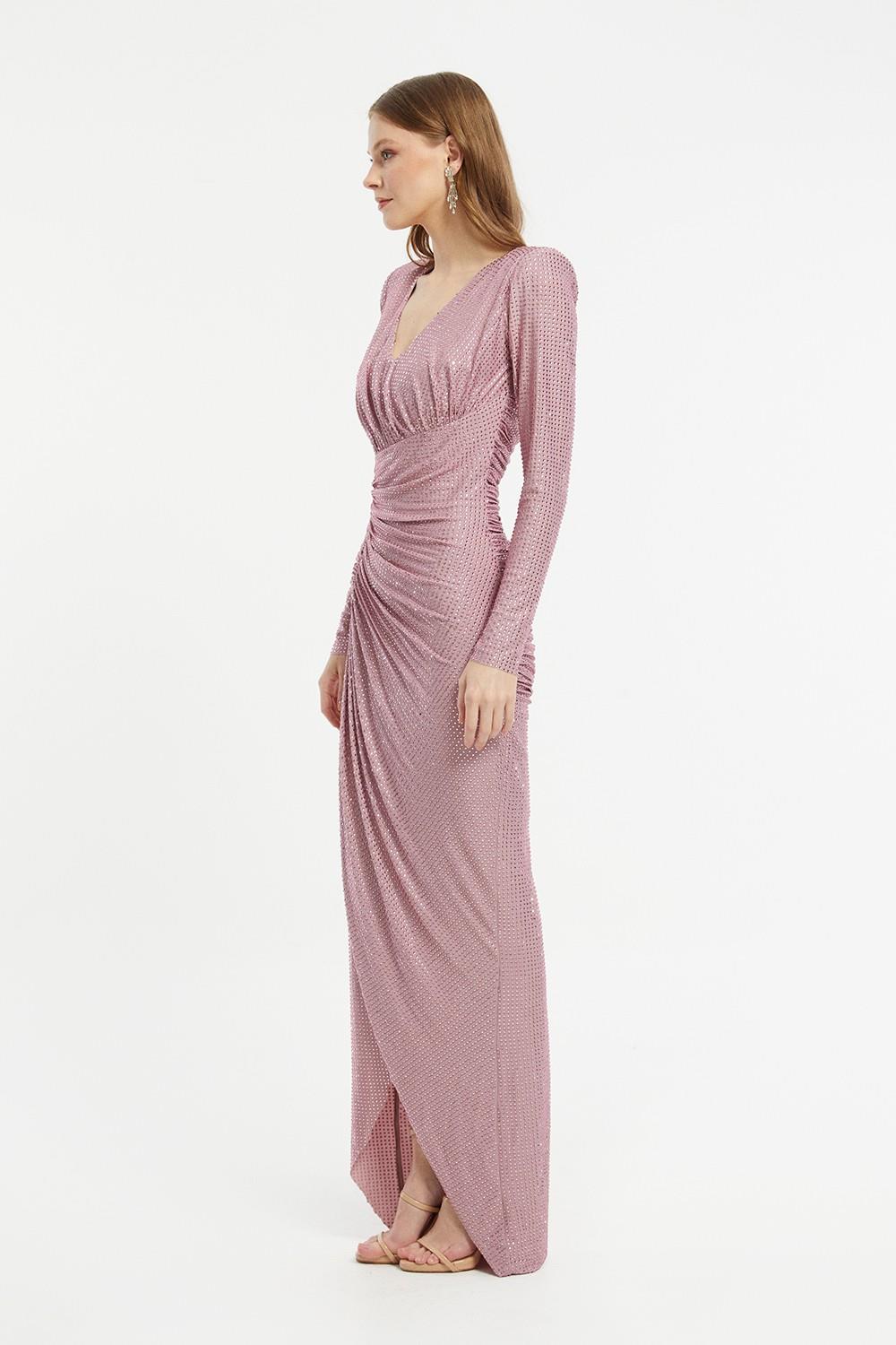 Draped Rhinestone Applied Fabric Long Dress