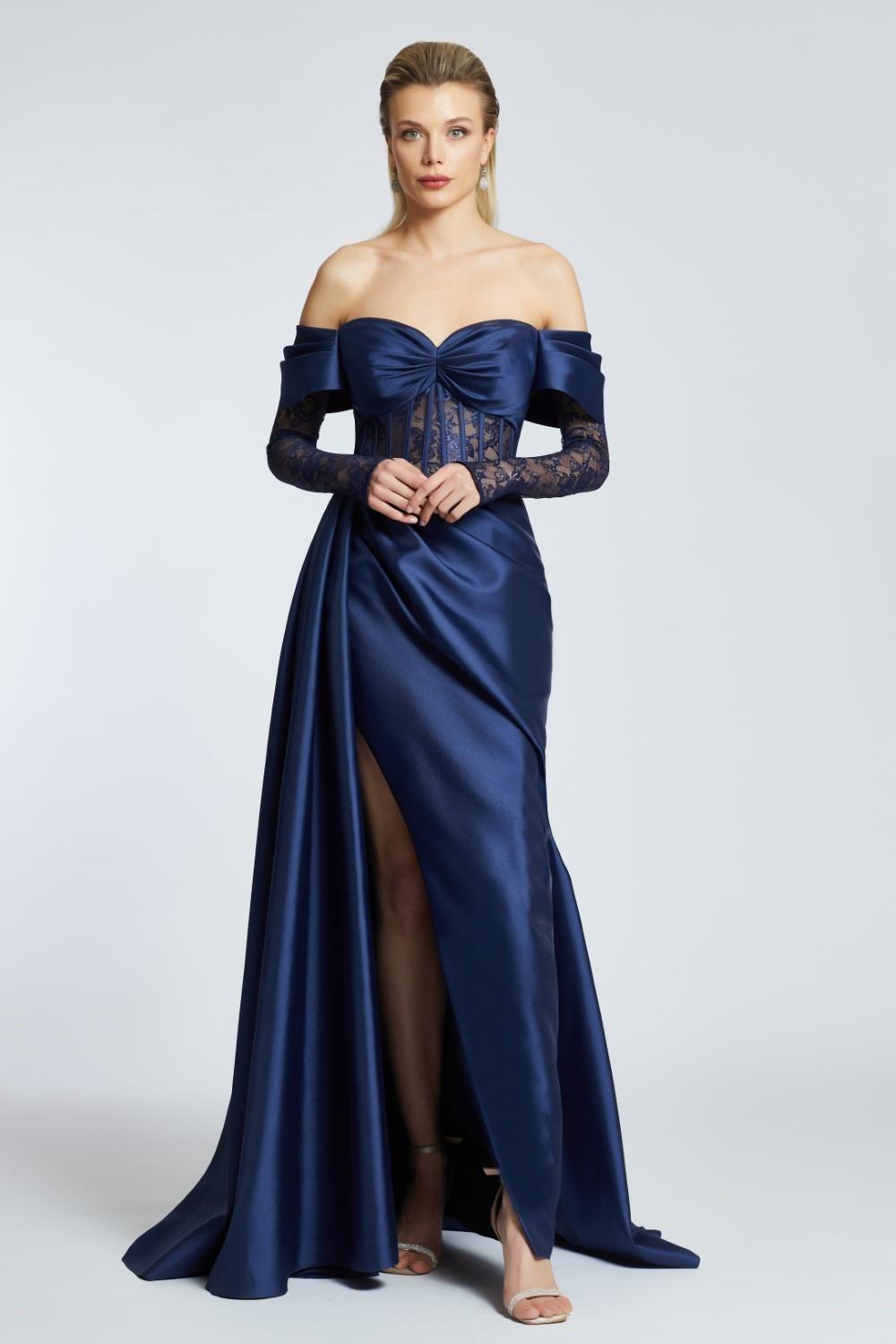 Draped Embroidered Long Evening Dress