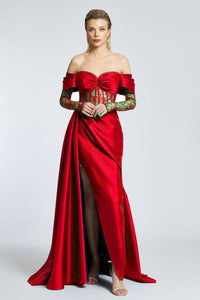 Draped Embroidered Long Evening Dress