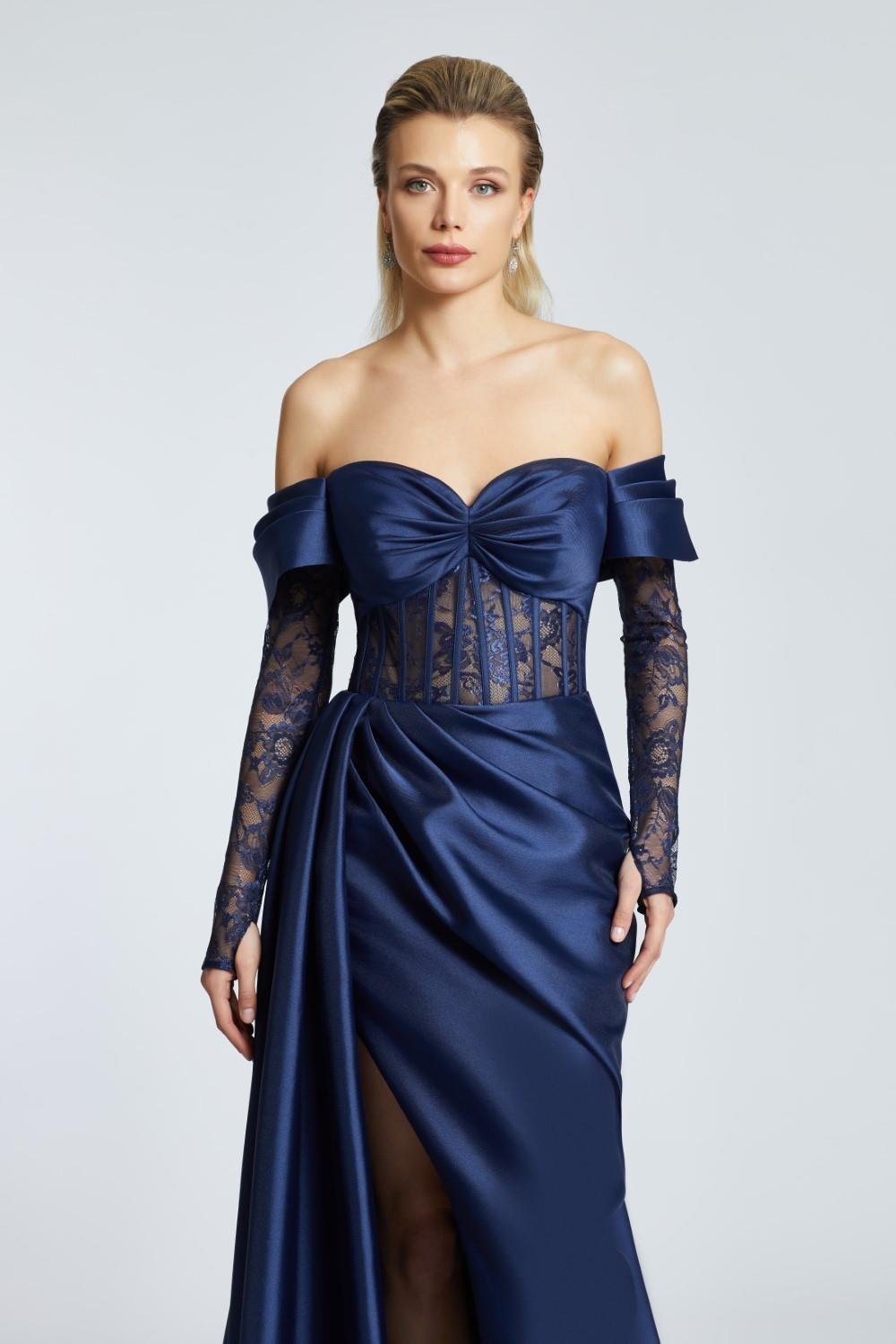 Draped Embroidered Long Evening Dress