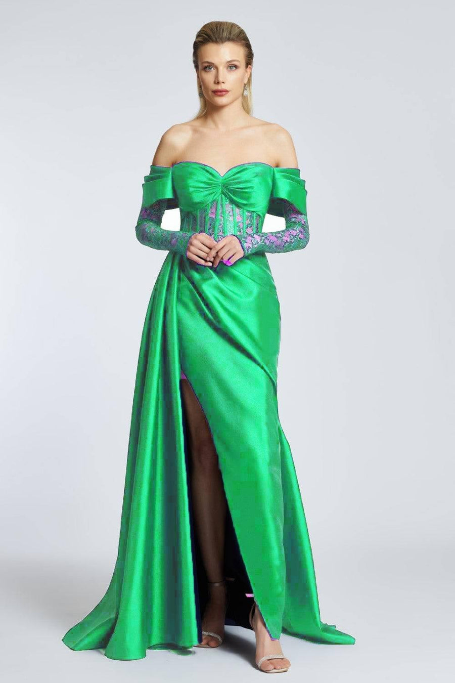Draped Embroidered Long Evening Dress