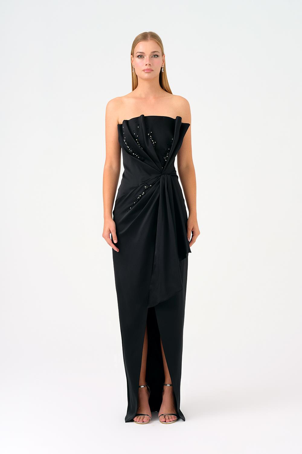 Draped Long Evening Dress with Slits and Stone Embroidery Details
