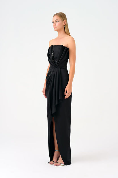 Draped Long Evening Dress with Slits and Stone Embroidery Details - 9054C