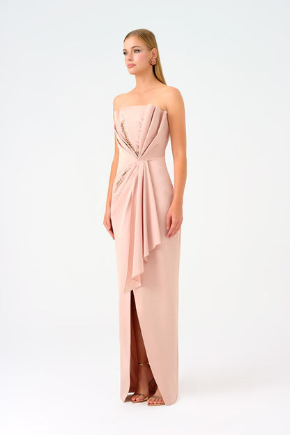 Draped Long Evening Dress with Slits and Stone Embroidery Details - 9054C