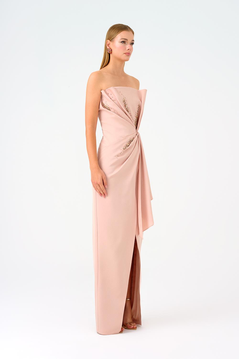 Draped Long Evening Dress with Slits and Stone Embroidery Details - 9054C