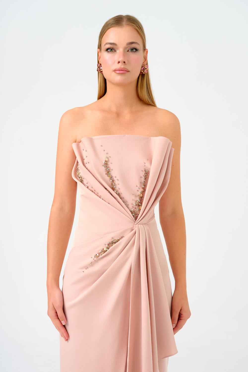 Draped Long Evening Dress with Slits and Stone Embroidery Details - 9054C