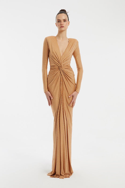 Long Sleeve Draped Long Evening Dress