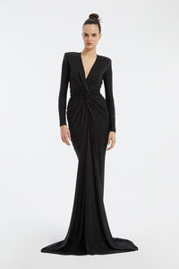 Long Sleeve Draped Long Evening Dress