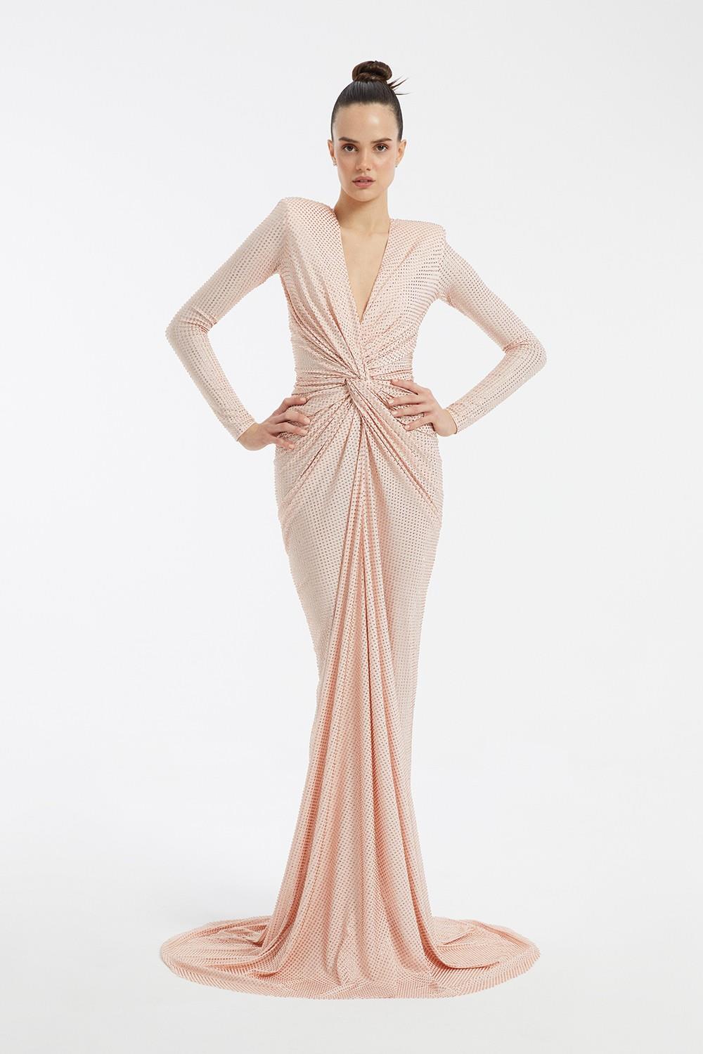 Long Sleeve Draped Long Evening Dress