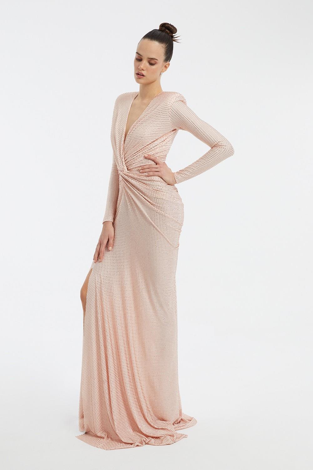 Long Sleeve Draped Long Evening Dress