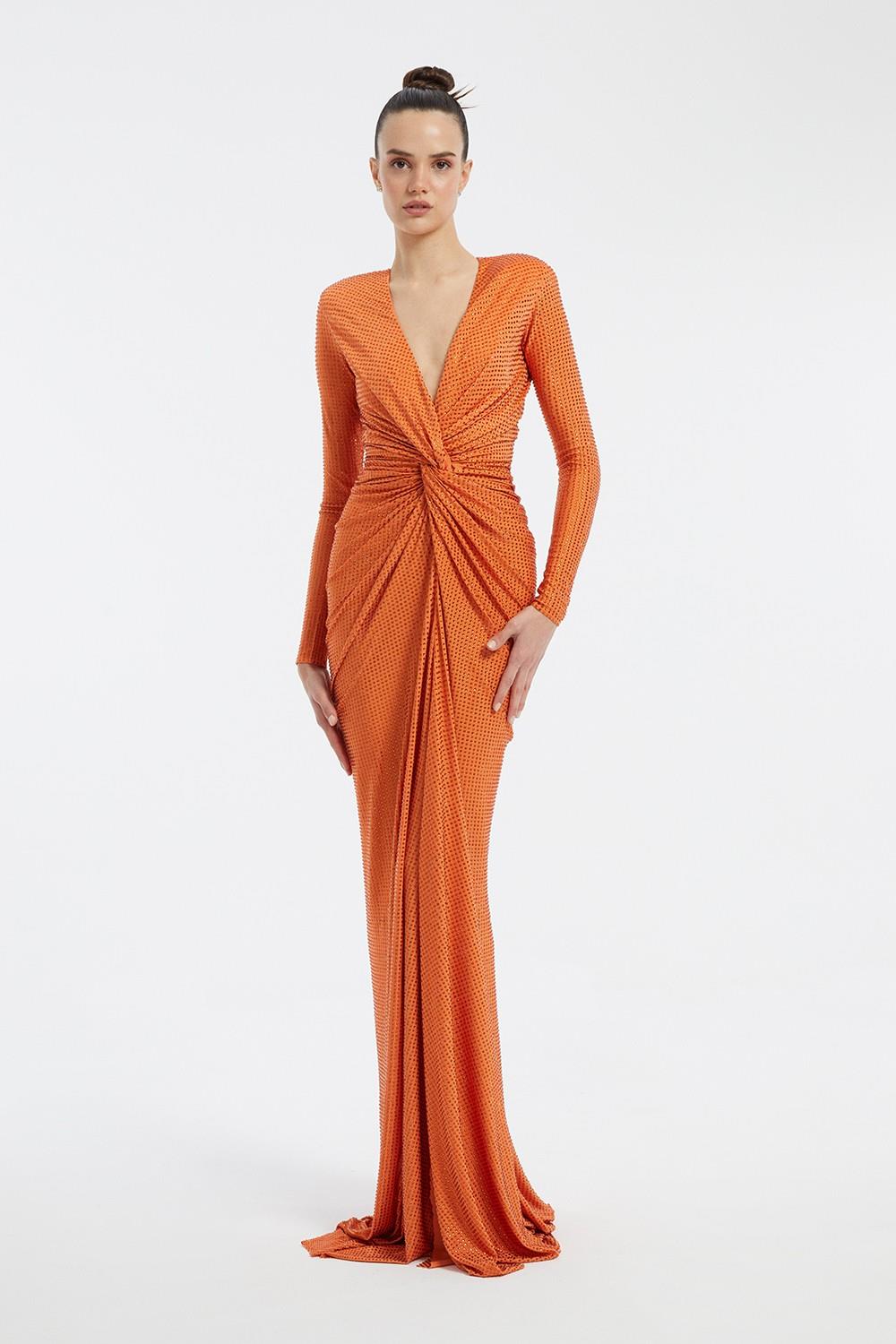 Long Sleeve Draped Long Evening Dress