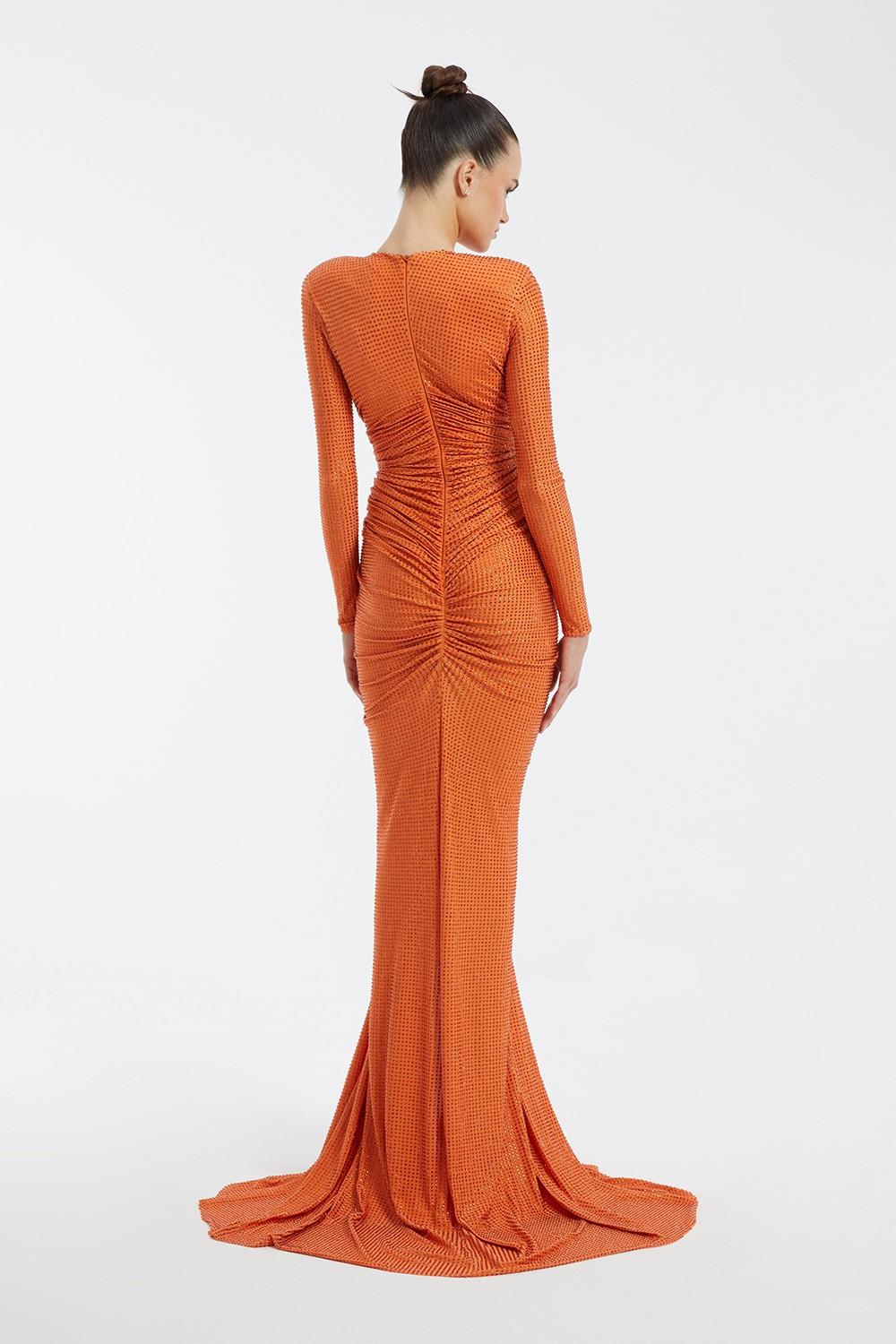 Long Sleeve Draped Long Evening Dress