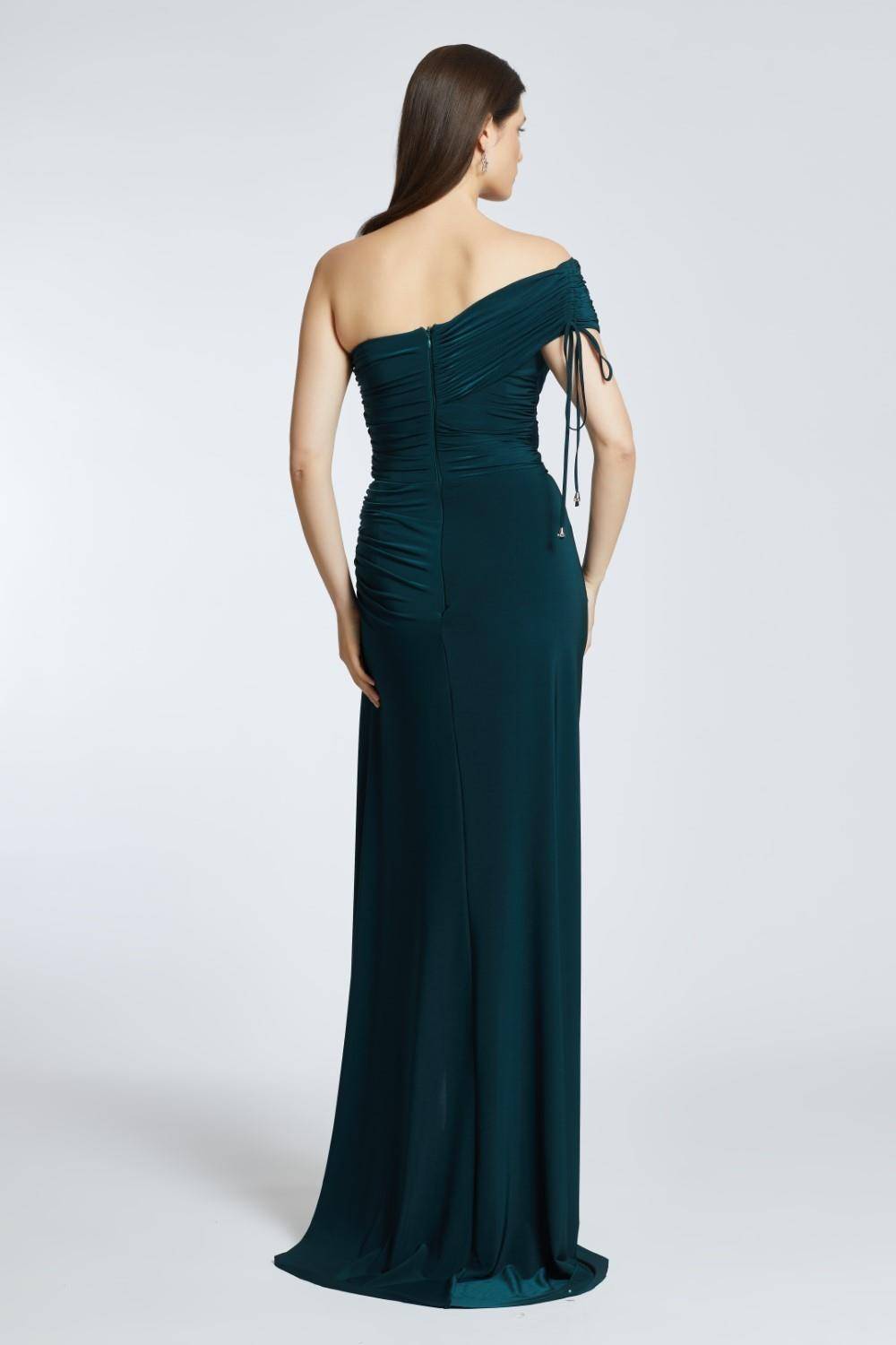 Draped Single Shoulder Slit Long Evening Dress