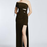 Draped Single Shoulder Slit Long Evening Dress