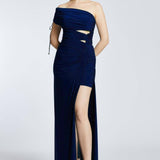 Draped Single Shoulder Slit Long Evening Dress