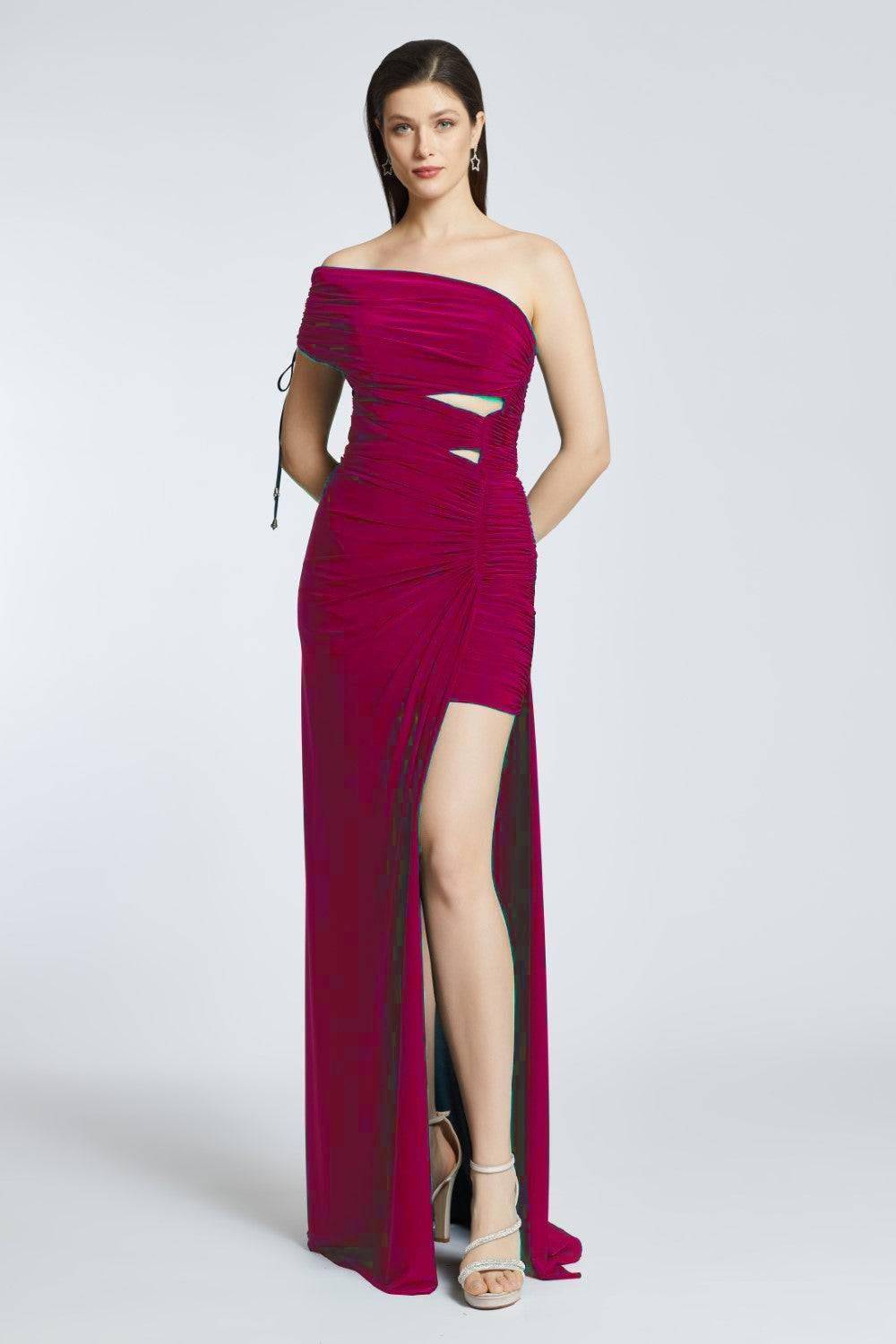 Draped Single Shoulder Slit Long Evening Dress