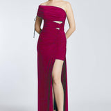 Draped Single Shoulder Slit Long Evening Dress