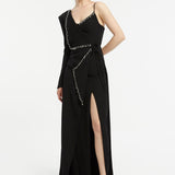 Rhinestone Embroidered Single Sleev Slit Long Evening Dress - 3019A