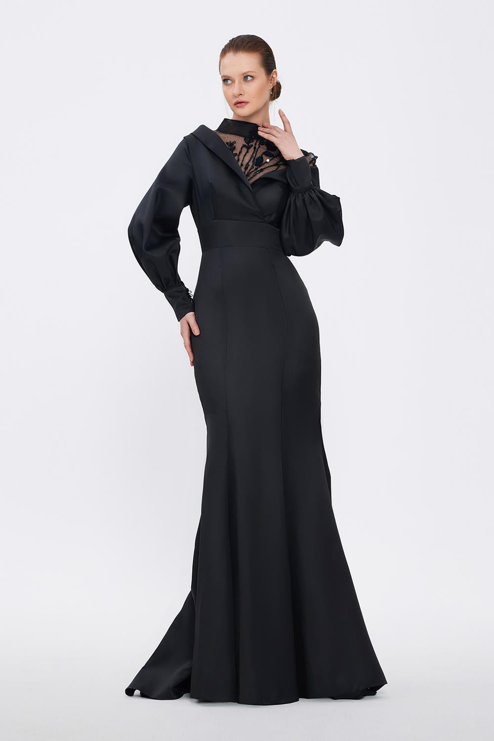 Embroidered Balloon Sleeves Long Hijab Evening Dress