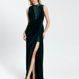 Embroidery Detailed Sleeveless Velvet Long Evening Dress - 1306