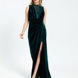 Embroidery Detailed Sleeveless Velvet Long Evening Dress - 1306