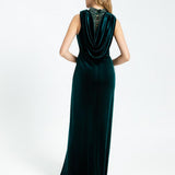 Embroidery Detailed Sleeveless Velvet Long Evening Dress - 1306