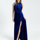 Embroidery Detailed Sleeveless Velvet Long Evening Dress - 1306