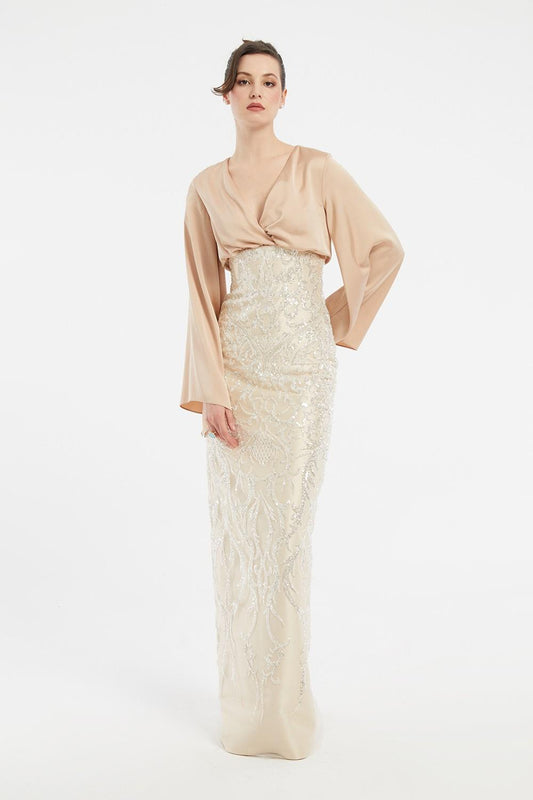 Embroidered Veiling Long Evening Dress