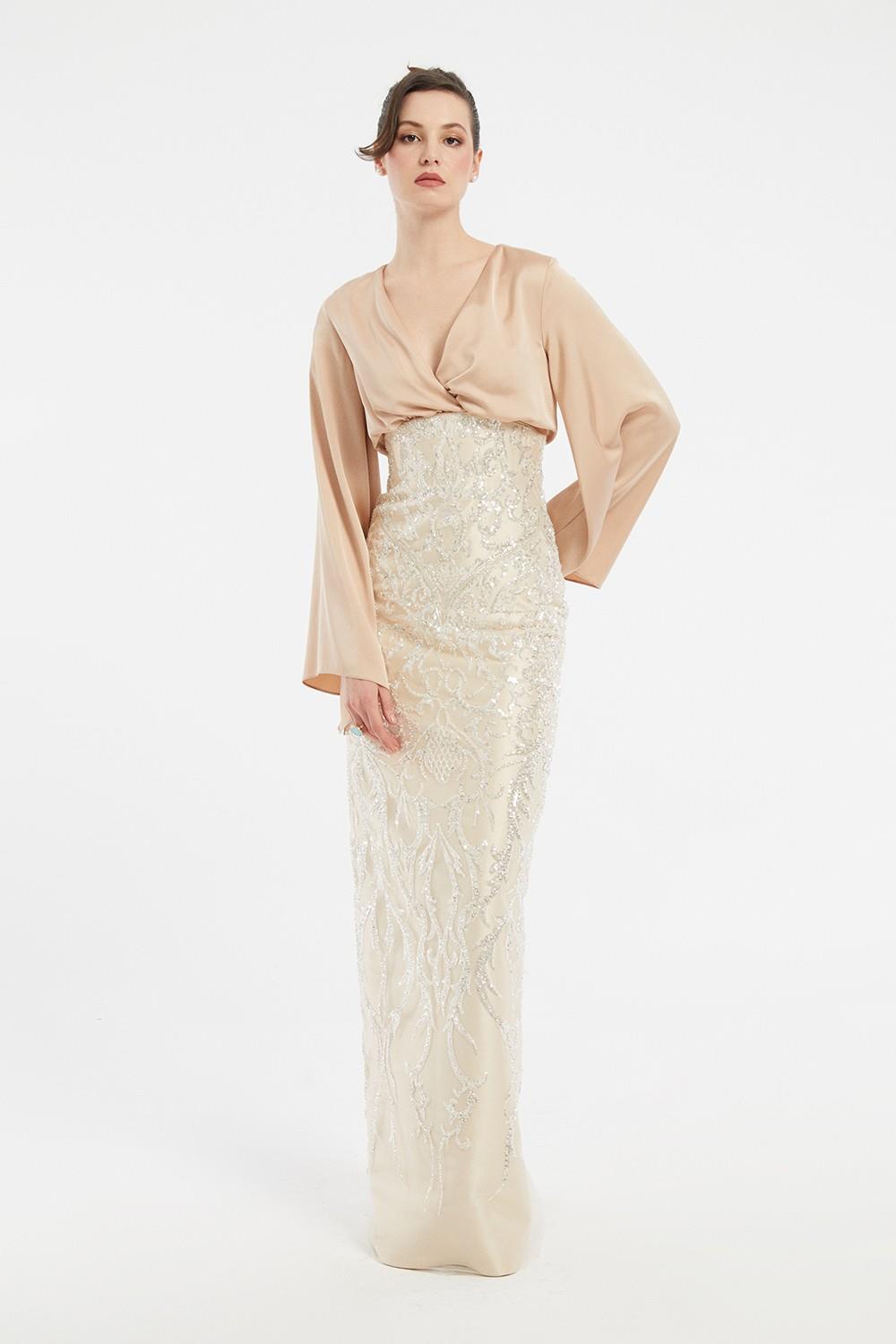 Embroidered Veiling Long Evening Dress