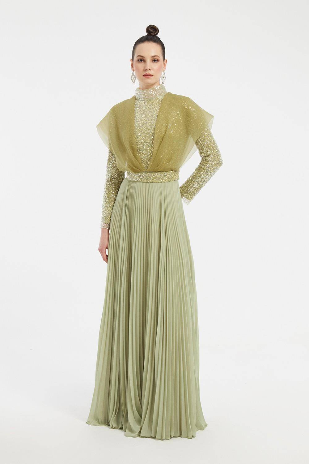 Embroidered Long Sleeve Veiling Long Evening Dress