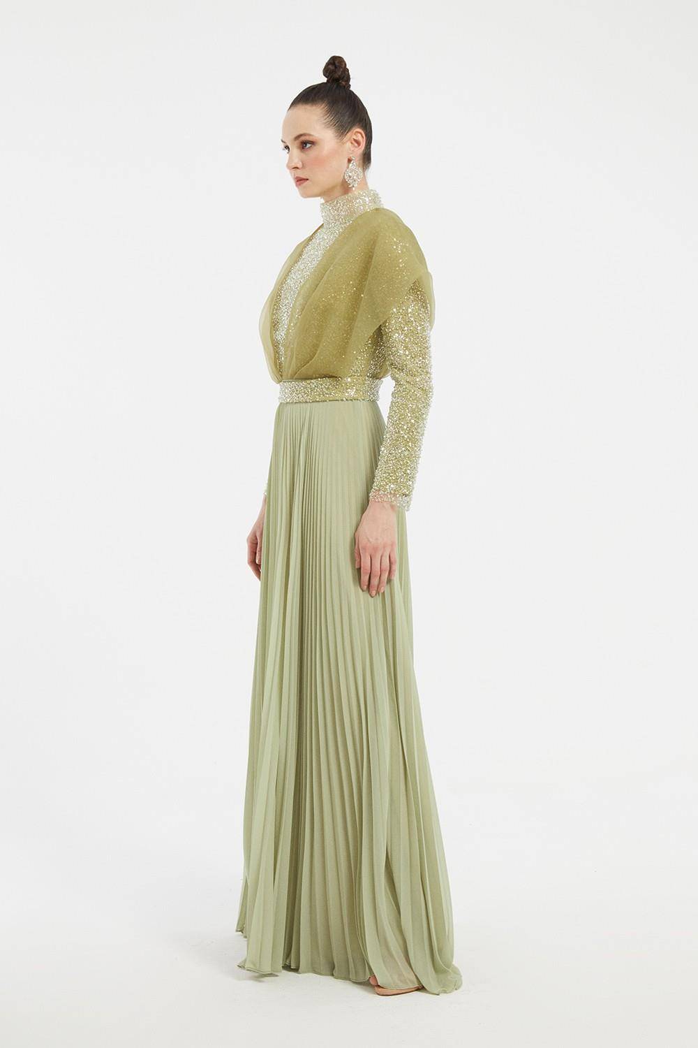 Embroidered Long Sleeve Veiling Long Evening Dress