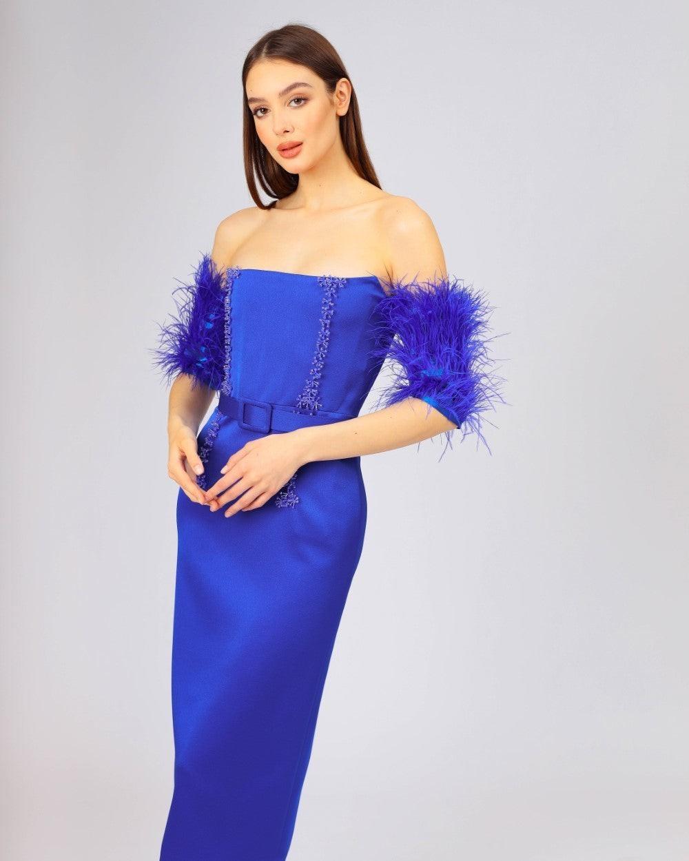 Embroidered Midi Evening Dress with Boa Sleeves