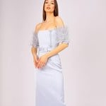 Embroidered Midi Evening Dress with Boa Sleeves