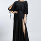 Embroidered Shoulder Detailed Deep Slit Long Evening Dress