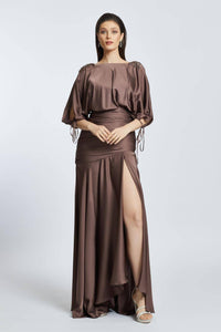 Embroidered Shoulder Detailed Deep Slit Long Evening Dress