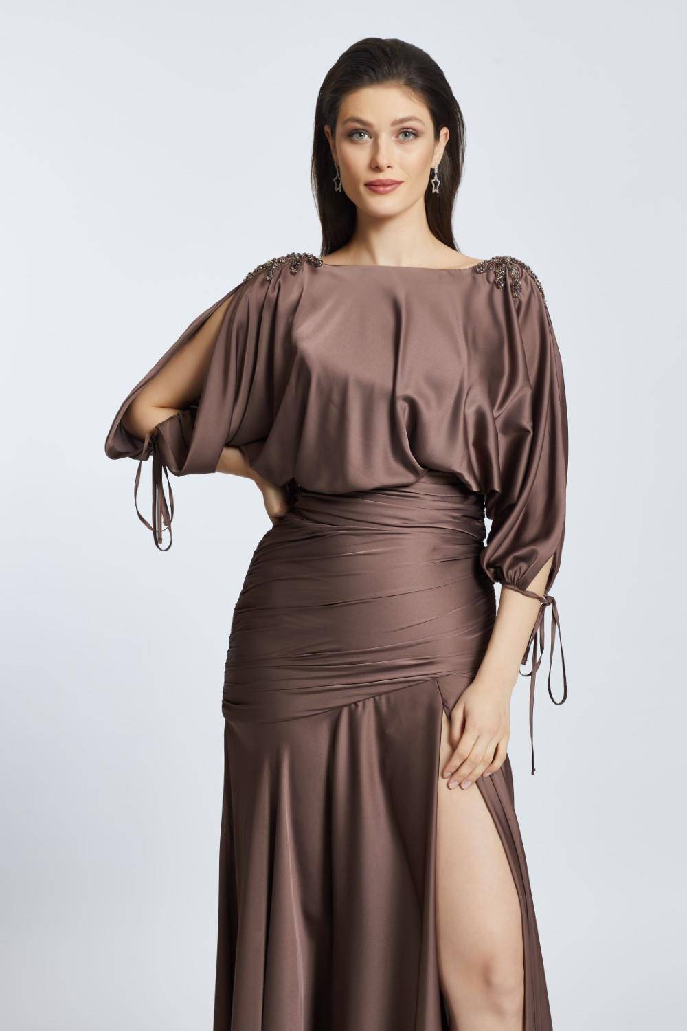 Embroidered Shoulder Detailed Deep Slit Long Evening Dress