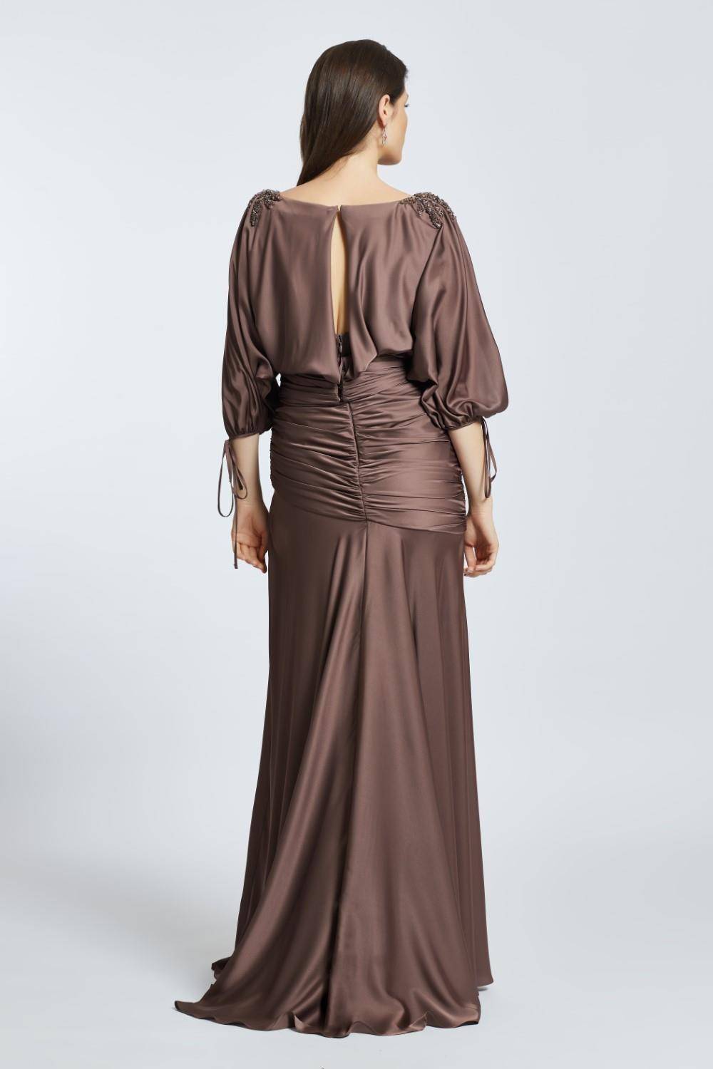 Embroidered Shoulder Detailed Deep Slit Long Evening Dress