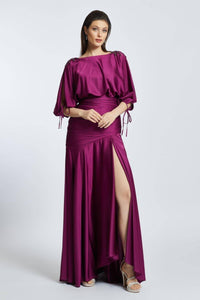 Embroidered Shoulder Detailed Deep Slit Long Evening Dress