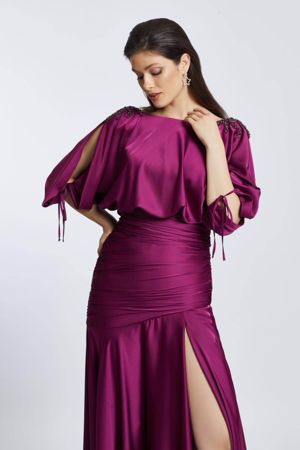 Embroidered Shoulder Detailed Deep Slit Long Evening Dress