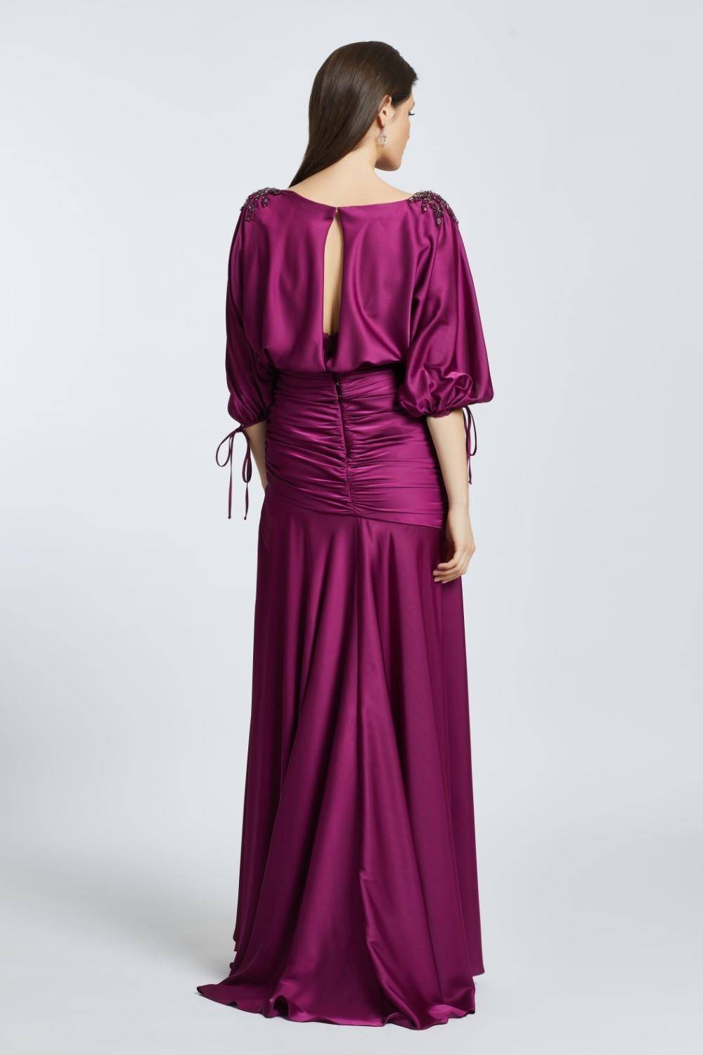 Embroidered Shoulder Detailed Deep Slit Long Evening Dress