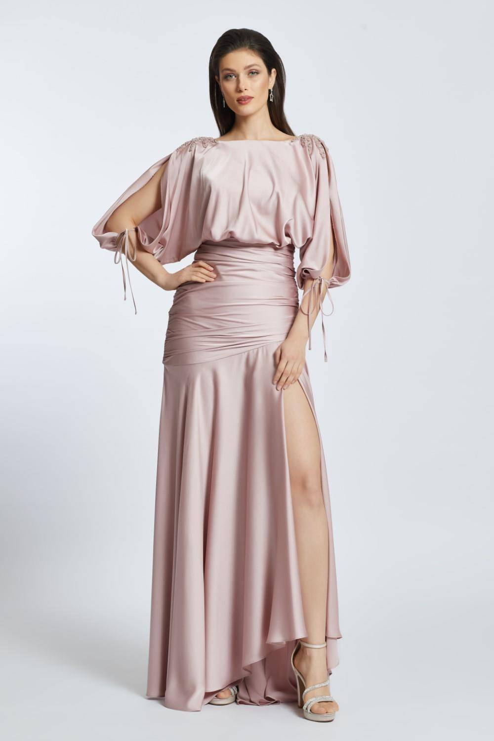 Embroidered Shoulder Detailed Deep Slit Long Evening Dress