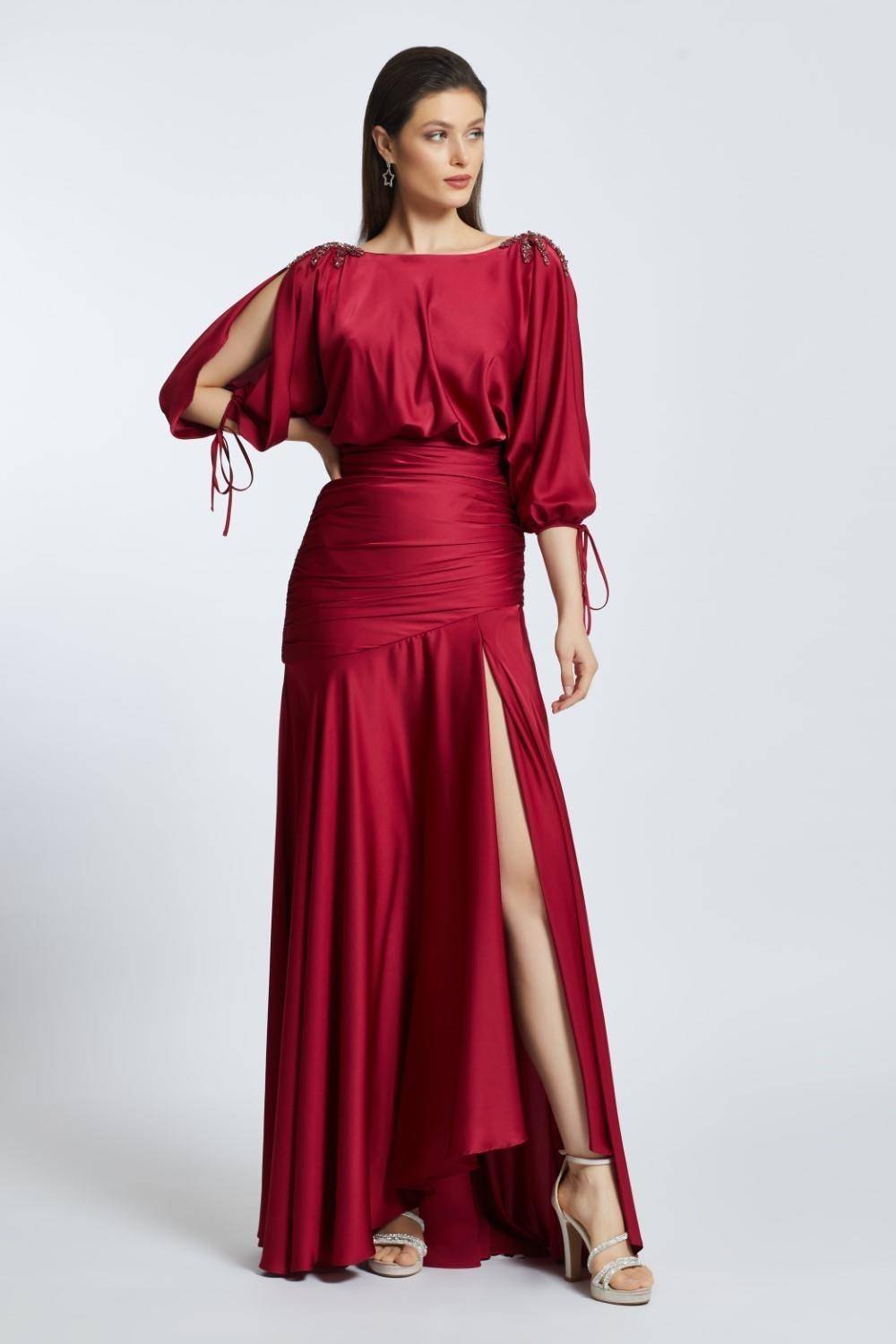 Embroidered Shoulder Detailed Deep Slit Long Evening Dress