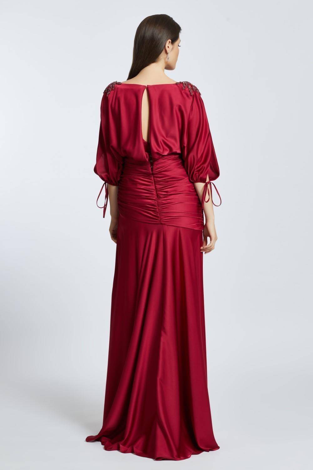 Embroidered Shoulder Detailed Deep Slit Long Evening Dress