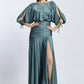 Embroidered Shoulder Detailed Deep Slit Long Evening Dress