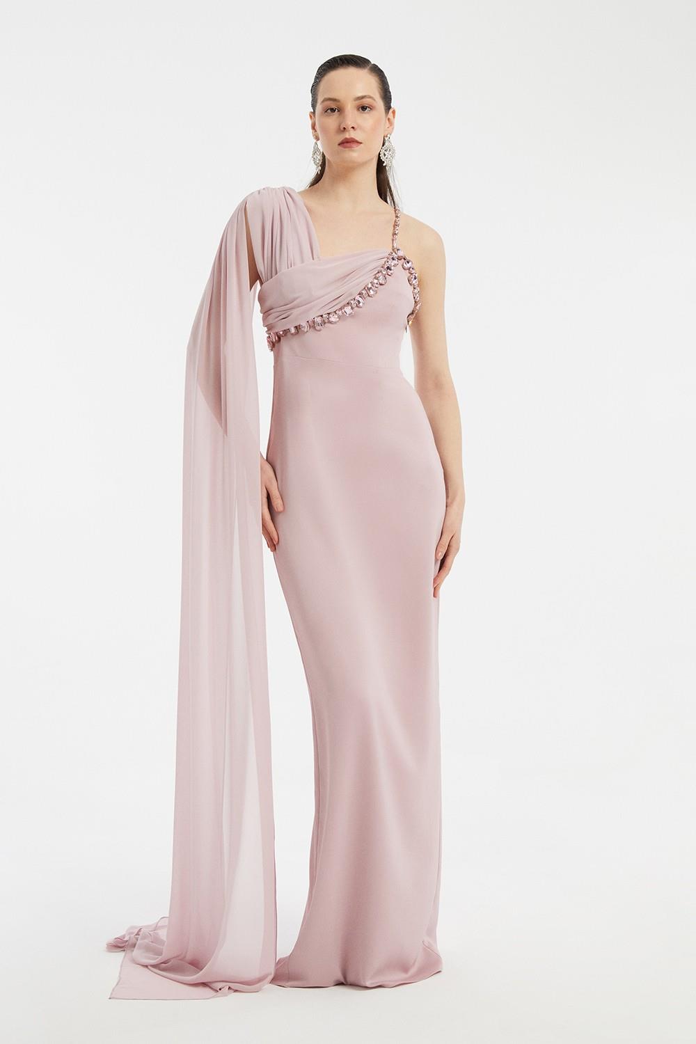 Embroidered Strappy Long Evening Dress